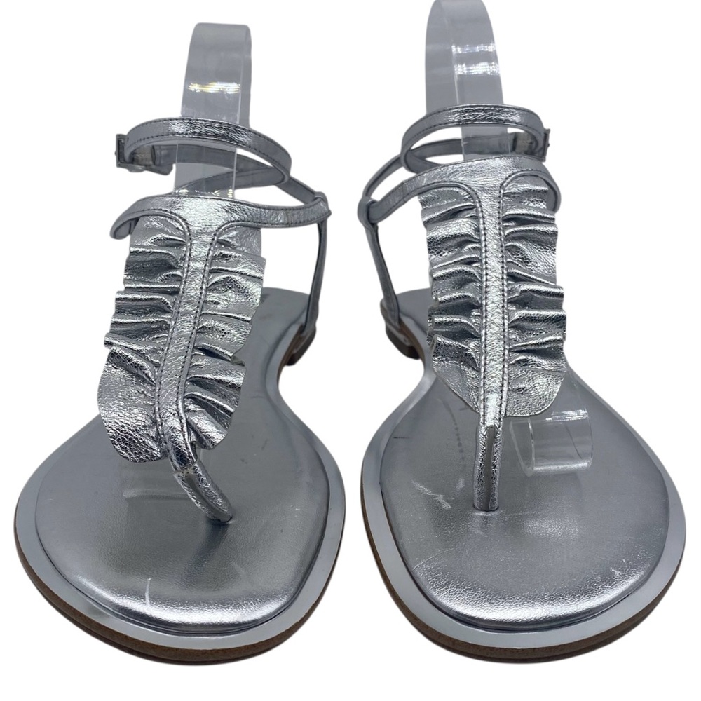 Michael Kors Womens Shoes Bella Sandals 8 Silver Leather Ruffled Flat Strappy - Picture 8 of 13
